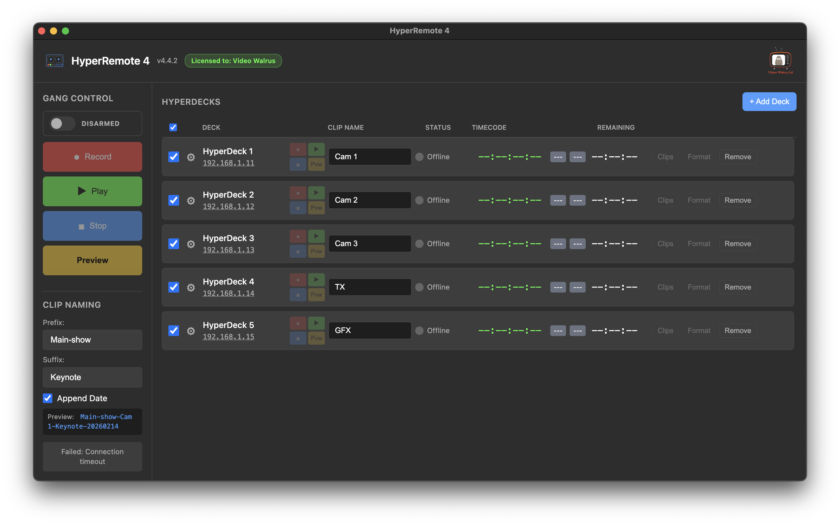 HyperRemote 4 interface showing gang control, clip naming, and five HyperDecks with status monitoring